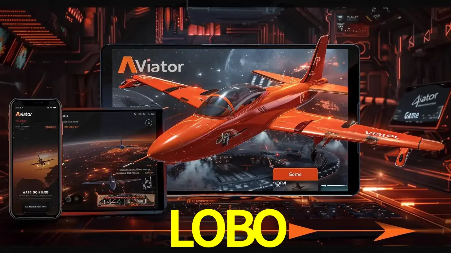 Apresentação tecnológica do jogo Aviator com um avião saindo da tela de um tablet, demonstrando a experiência imersiva em múltiplos dispositivos no LOBO.