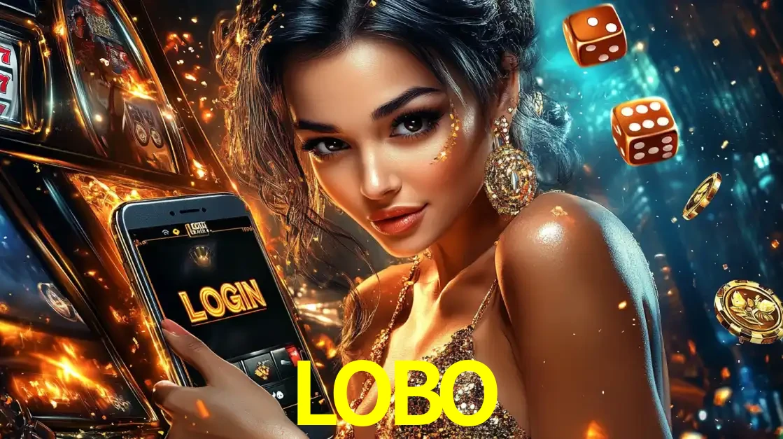 Mulher glamourosa segurando um celular com a tela de login do cassino LOBO, rodeada por dados e moedas douradas, pronta para começar a diversão.