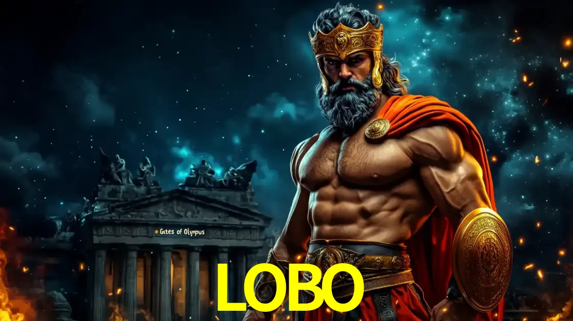 O poderoso Zeus do jogo de slot Gates of Olympus em frente ao seu templo, pronto para lançar multiplicadores divinos e prêmios épicos no cassino online LOBO.