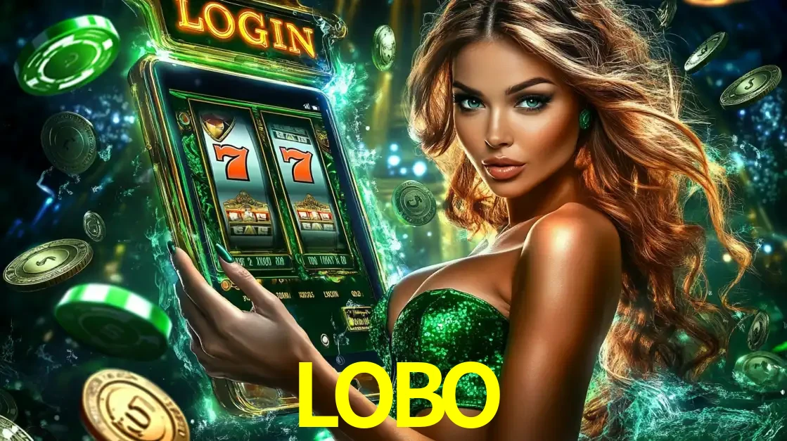 Mulher com tema verde apresentando o aplicativo do cassino LOBO com um jogo de slot de 777, cercada por fichas de cassino e uma aura de sorte.
