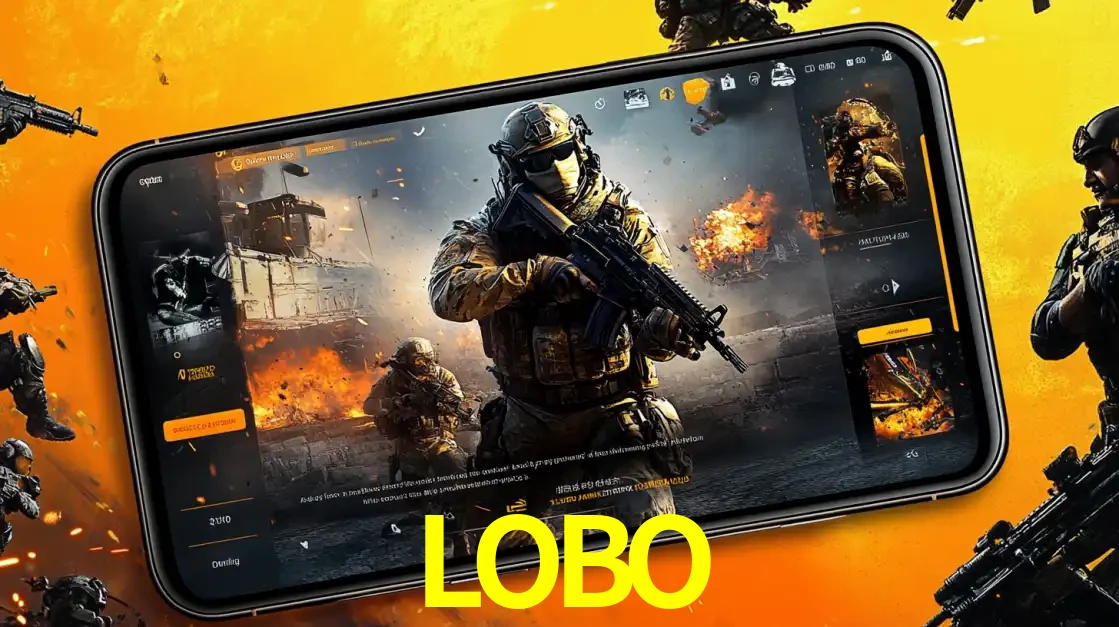 Um smartphone exibindo a interface de um jogo de tiro em primeira pessoa, com um soldado em um cenário de batalha, representando a ação dos e-sports para apostar no LOBO.