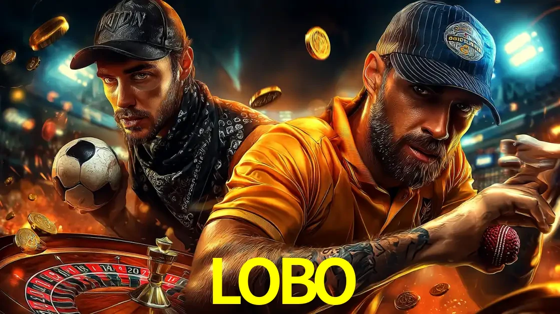 Montagem de apostas esportivas e cassino no LOBO, com um homem segurando uma bola de futebol e outro uma de beisebol sobre uma roleta e moedas voadoras.