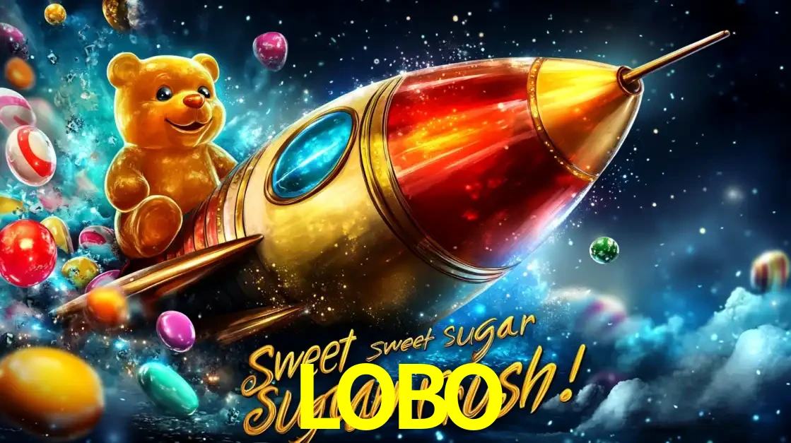 Arte promocional do jogo de slot Sugar Rush, com um urso de pelúcia em um foguete viajando pelo espaço de doces, um dos jogos divertidos disponíveis no cassino LOBO.