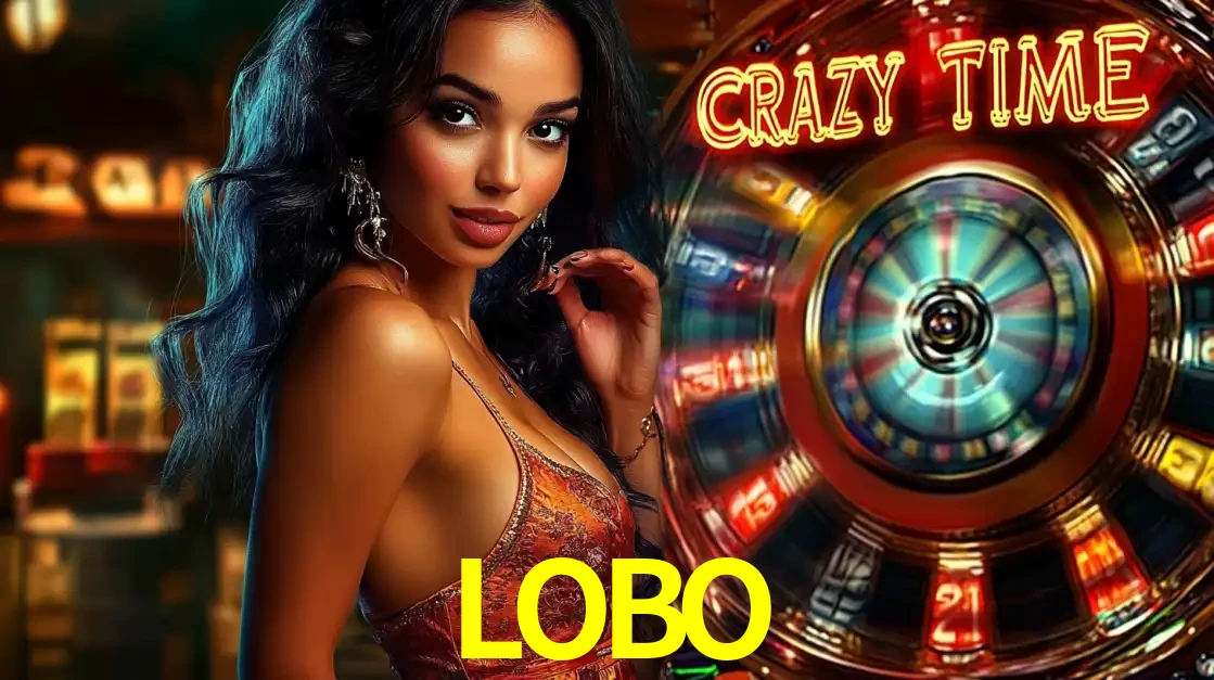 Mulher elegante ao lado da vibrante roda da fortuna do jogo de cassino ao vivo Crazy Time, um dos game shows mais populares e cheios de prêmios do LOBO.