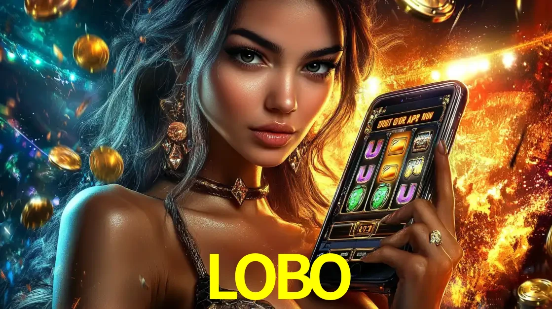 Mulher elegante mostrando um jogo de caça-níqueis em seu smartphone, destacando a experiência de cassino móvel oferecida pelo aplicativo LOBO.