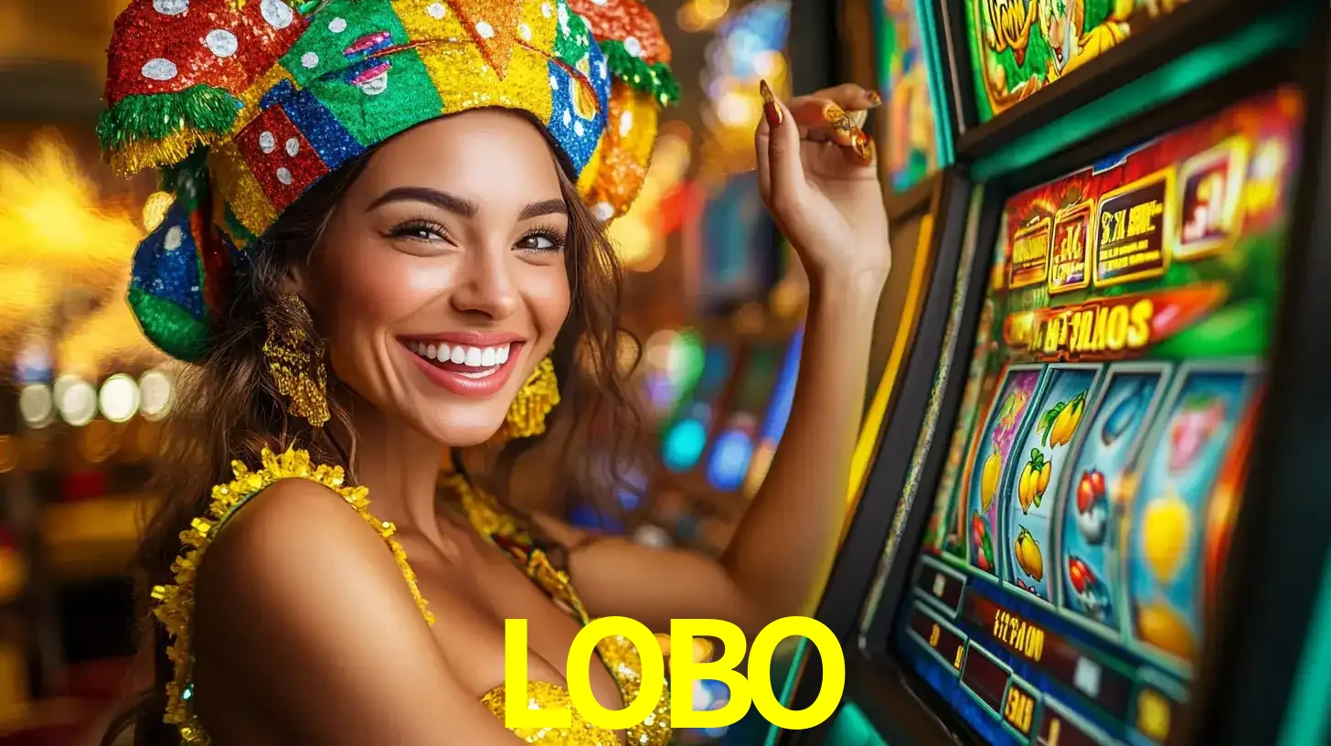 Mulher feliz com traje de carnaval amarelo e colorido ao lado de uma máquina de caça-níqueis, aproveitando a diversão e os jogos temáticos do cassino LOBO.