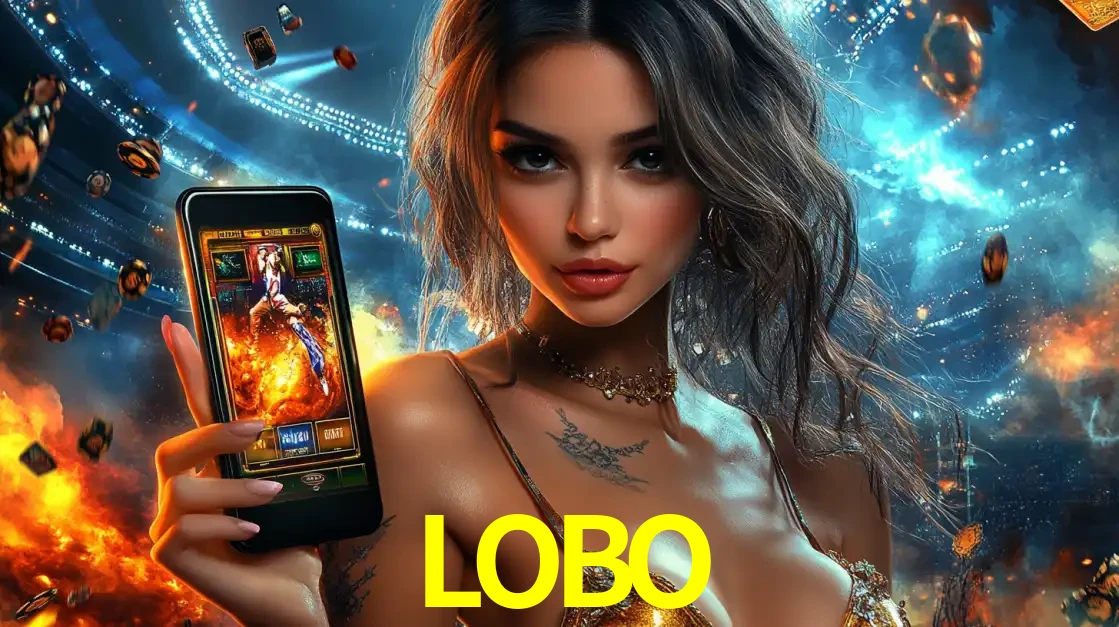 Mulher segurando um celular com um jogo de slot em destaque, tendo como fundo um estádio vibrante, simbolizando a emoção de jogar no cassino móvel LOBO.