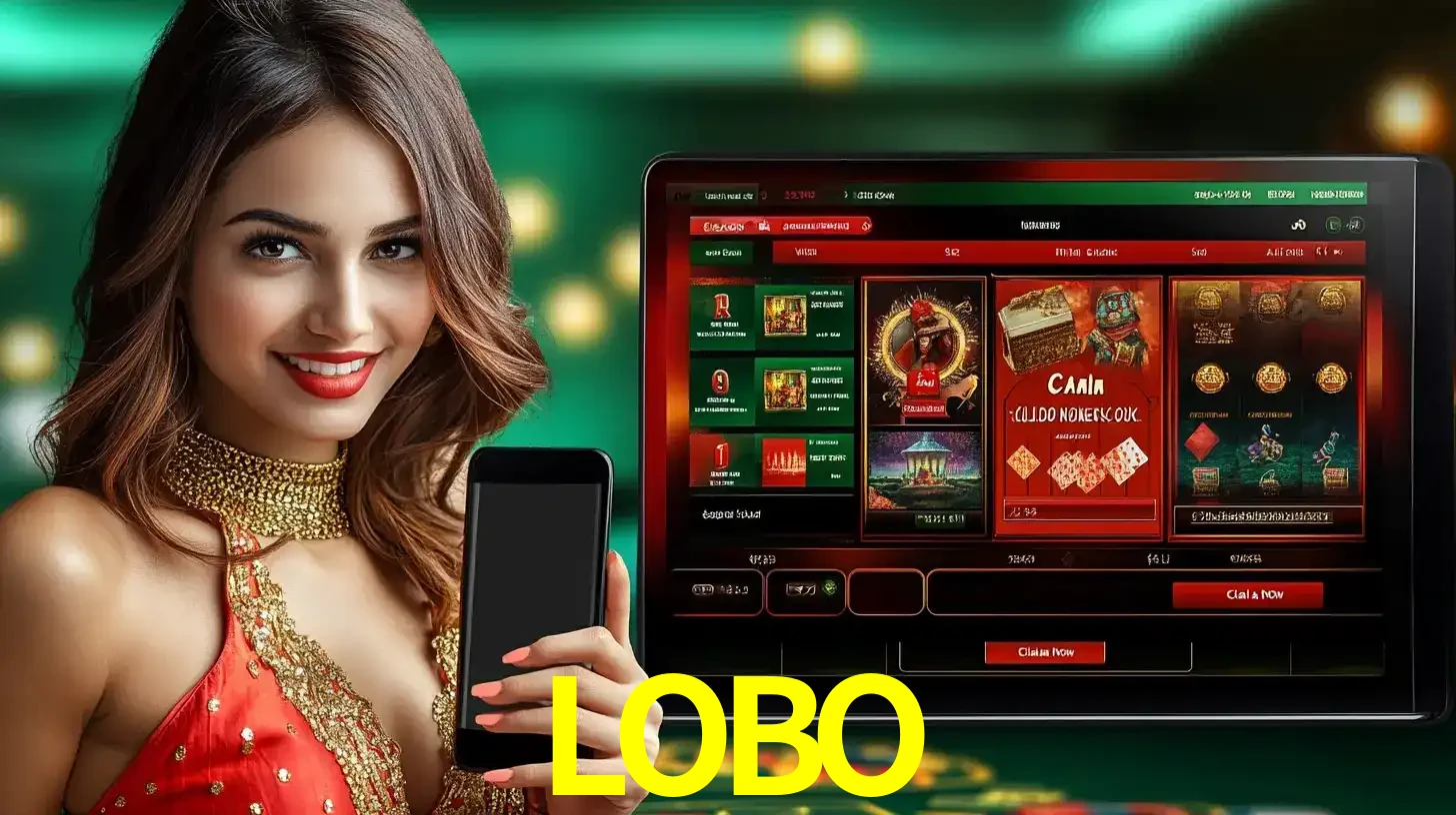 Mulher sorridente segurando um smartphone, ao lado de uma tela exibindo o lobby de jogos do cassino online LOBO, com várias opções de jogos de cartas e slots.